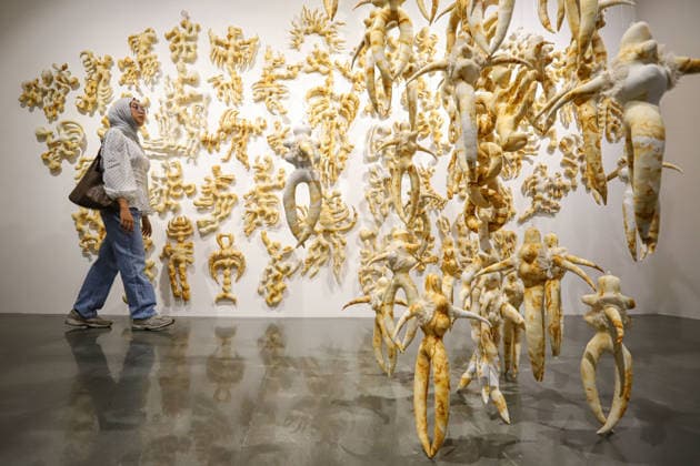 September 20, 2026, Surabaya, East Java, Indonesia: Visitors observe contemporary artworks at the ArtSubs 2026 exhibition at Balai Pemuda, Surabaya, East Java, Indonesia, on September 20, 2026. Titled border, threshold, beyond, the art exhibition features 500 works by 113 artists from across Indonesia, serving as a response to the public s need for a space of contemplation, reflection, and entertainment. Surabaya Indonesia - ZUMAp290 20260920_zip_p290_009 Copyright: xRendyxAgungxPrakosox