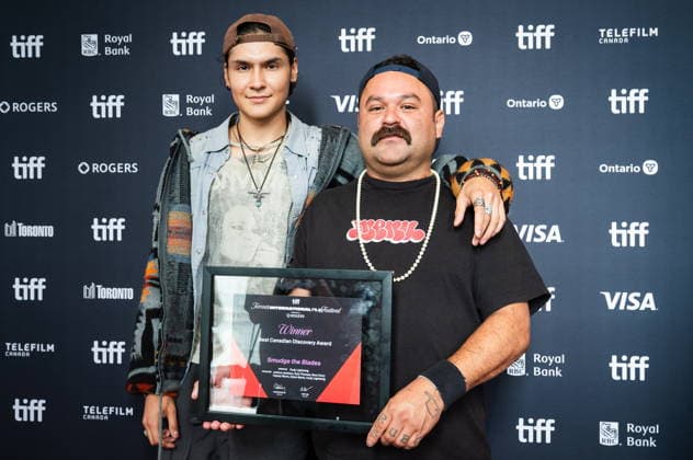September 20, 2026, Toronto, On, Canada: Cody Lightning, left, and Isaiah Kakepetum hold their Best Canadian Discovery Award for Smudge the Blades after the TIFF Awards at the Toronto International Film Festival in Toronto, on Sunday, Sept. 20, 2026. Toronto Canada  - ZUMAc35_ 20260920_zaf_c35_061 Copyright: xLauraxProctorx