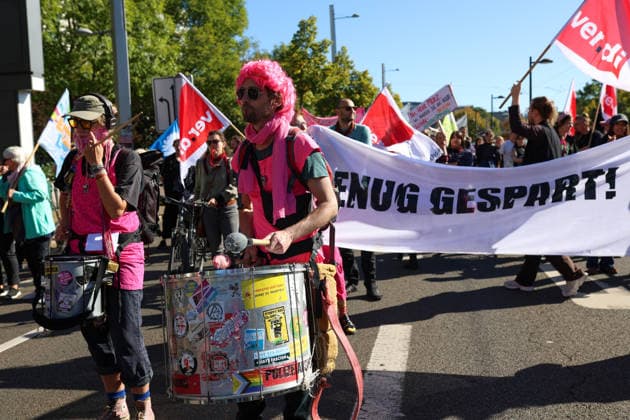 September 26, 2026, Leipzig, Saxony, Germany: Demonstrators participate in an UnkoÂ¼rzbar rally in Leipzig, Germany, on September 26, 2026, protesting cuts to social services and calling for the protection of social welfare and public services. The demonstration brought together protesters carrying banners, placards and flags as they marched through the city. Speakers and participants addressed issues including social welfare, public spending, employment, pensions, healthcare and the future of public services. The rally was part of the UnkoÂ¼rzbar campaign, which mobilizes against cuts to social services and public-sector provision in Germany. Leipzig Germany  - ZUMAc291 20260926_zip_c291_005 Copyright: xMariaxCastrox