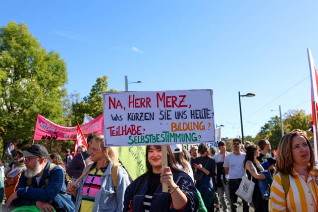 September 26, 2026, Leipzig, Saxony, Germany: Demonstrators participate in an UnkoÂ¼rzbar rally in Leipzig, Germany, on September 26, 2026, protesting cuts to social services and calling for the protection of social welfare and public services. The demonstration brought together protesters carrying banners, placards and flags as they marched through the city. Speakers and participants addressed issues including social welfare, public spending, employment, pensions, healthcare and the future of public services. The rally was part of the UnkoÂ¼rzbar campaign, which mobilizes against cuts to social services and public-sector provision in Germany. Leipzig Germany  - ZUMAc291 20260926_zip_c291_007 Copyright: xMariaxCastrox