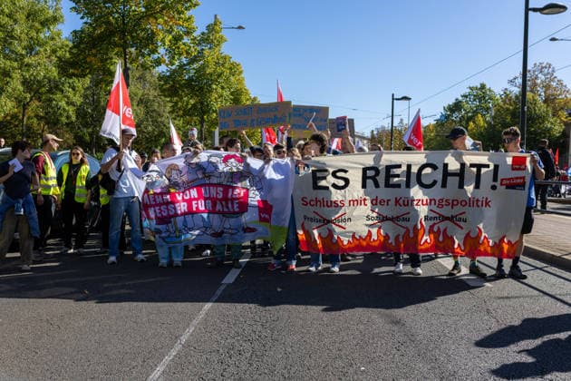 September 26, 2026, Leipzig, Saxony, Germany: Demonstrators participate in an UnkoÂ¼rzbar rally in Leipzig, Germany, on September 26, 2026, protesting cuts to social services and calling for the protection of social welfare and public services. The demonstration brought together protesters carrying banners, placards and flags as they marched through the city. Speakers and participants addressed issues including social welfare, public spending, employment, pensions, healthcare and the future of public services. The rally was part of the UnkoÂ¼rzbar campaign, which mobilizes against cuts to social services and public-sector provision in Germany. Leipzig Germany - ZUMAc291 20260926_zip_c291_008 Copyright: xMariaxCastrox