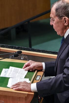 September 26, 2026, New York, New York, United States: Russian Foreign Minister SERGEY LAVROV sorts his prepared remarks at the podium as he addresses the General Debate of the 81st UN General Assembly. LavrovÃ¢â‚¬â ¢s appearance comes amid continuing tensions over RussiaÃ¢â‚¬â ¢s war in Ukraine, European security and relations with the United States, as Moscow continues an intensive round of diplomacy during UNGA81. New York United States - ZUMAo116 20260926_znp_o116_059 Copyright: xBiancaxOterox