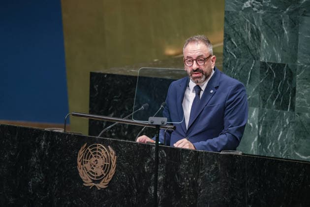 September 26, 2026, New York, New York, United States: LUCA BECCARI, Secretary of State for Foreign Affairs of San Marino, addresses the General Debate of the 81st UN General Assembly, with San Marino highlighting Palestinian statehood and the two-state solution, international law, UN reform and the need for stronger multilateral cooperation. New York United States - ZUMAo116 20260926_znp_o116_125 Copyright: xBiancaxOterox