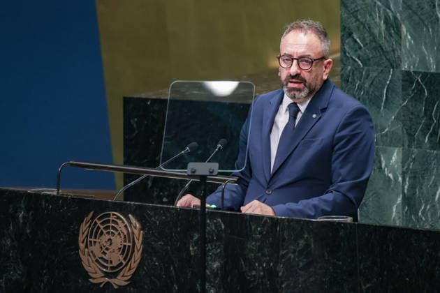 September 26, 2026, New York, New York, United States: LUCA BECCARI, Secretary of State for Foreign Affairs of San Marino, addresses the General Debate of the 81st UN General Assembly, with San Marino highlighting Palestinian statehood and the two-state solution, international law, UN reform and the need for stronger multilateral cooperation. New York United States - ZUMAo116 20260926_znp_o116_122 Copyright: xBiancaxOterox