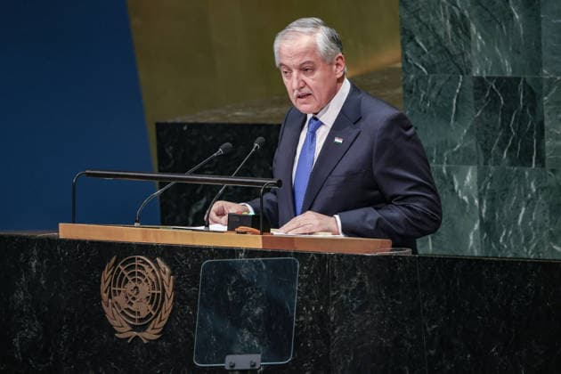 September 26, 2026, New York, New York, United States: SIROJIDDIN MUHRIDDIN, Minister of Foreign Affairs of Tajikistan, addresses the General Debate of the 81st UN General Assembly, with Tajikistan highlighting water security and glacier preservation, climate change, regional security and the situation in neighbouring Afghanistan. New York United States - ZUMAo116 20260926_znp_o116_115 Copyright: xBiancaxOterox