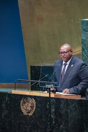 September 26, 2026, New York, New York, United States: MULAMBO HAMAKUNI HAIMBE, Minister of Foreign Affairs and International Cooperation of Zambia, addresses the General Debate of the 81st UN General Assembly, representing President Hakainde Hichilema. Zambia has used UNGA81 to advance its Grow Zambia Agenda, seeking greater investment and development financing while promoting climate resilience, energy diversification and its candidature for the UN Human Rights Council. New York United States - ZUMAo116 20260926_znp_o116_168 Copyright: xBiancaxOterox