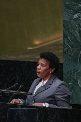 September 26, 2026, New York, New York, United States: ILZA MARIA DOS SANTOS AMADO VAZ, Minister of Foreign Affairs, Cooperation and Communities of Sao Tome and Principe, addresses the General Debate of the 81st UN General Assembly, highlighting the vulnerability of small island states to climate change and rising sea levels, alongside the countryâ€⠢s priorities on renewable energy, sustainable development and its maritime economy. New York United States - ZUMAo116 20260926_znp_o116_164 Copyright: xBiancaxOterox