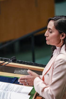 September 26, 2026, New York, New York, United States: ANITA ANAND, Minister of Foreign Affairs of Canada, addresses the General Debate of the 81st UN General Assembly. Canada has used UNGA81 to reinforce its support for Ukraine and Euro-Atlantic security, while focusing on Arctic and maritime security, Haiti and the protection of civilians in Gaza and Sudan, alongside closer coordination with Nordic and Baltic partners. New York United States - ZUMAo116 20260926_znp_o116_161 Copyright: xBiancaxOterox