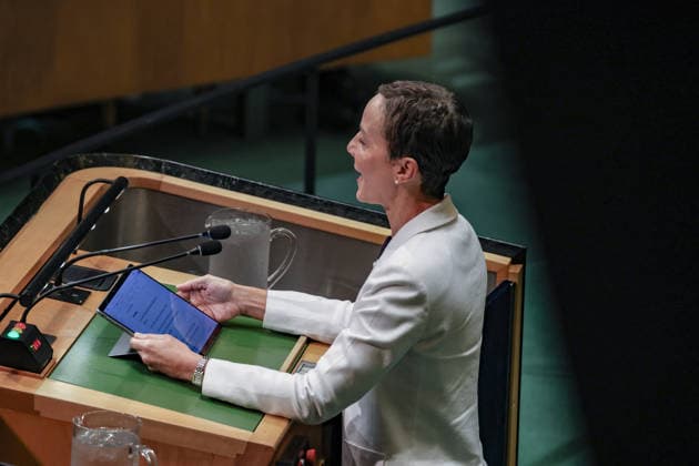 September 26, 2026, New York, New York, United States: KAMINA JOHNSON SMITH, Minister of Foreign Affairs and Foreign Trade of Jamaica, addresses the General Debate of the 81st UN General Assembly, with Jamaica focusing on sustained international support for Haiti, climate resilience and access to financing for vulnerable island states, alongside efforts to combat transnational organised crime, gangs and illicit weapons flows across the Caribbean. New York United States - ZUMAo116 20260926_znp_o116_151 Copyright: xBiancaxOterox