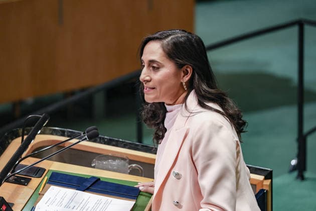 September 26, 2026, New York, New York, United States: ANITA ANAND, Minister of Foreign Affairs of Canada, addresses the General Debate of the 81st UN General Assembly. Canada has used UNGA81 to reinforce its support for Ukraine and Euro-Atlantic security, while focusing on Arctic and maritime security, Haiti and the protection of civilians in Gaza and Sudan, alongside closer coordination with Nordic and Baltic partners. New York United States - ZUMAo116 20260926_znp_o116_152 Copyright: xBiancaxOterox