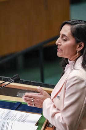 September 26, 2026, New York, New York, United States: ANITA ANAND, Minister of Foreign Affairs of Canada, addresses the General Debate of the 81st UN General Assembly. Canada has used UNGA81 to reinforce its support for Ukraine and Euro-Atlantic security, while focusing on Arctic and maritime security, Haiti and the protection of civilians in Gaza and Sudan, alongside closer coordination with Nordic and Baltic partners. New York United States - ZUMAo116 20260926_znp_o116_150 Copyright: xBiancaxOterox