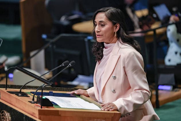 September 26, 2026, New York, New York, United States: ANITA ANAND, Minister of Foreign Affairs of Canada, addresses the General Debate of the 81st UN General Assembly. Canada has used UNGA81 to reinforce its support for Ukraine and Euro-Atlantic security, while focusing on Arctic and maritime security, Haiti and the protection of civilians in Gaza and Sudan, alongside closer coordination with Nordic and Baltic partners. New York United States - ZUMAo116 20260926_znp_o116_148 Copyright: xBiancaxOterox