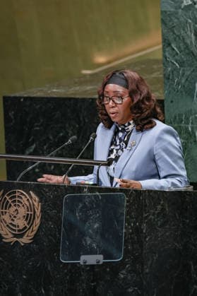September 26, 2026, New York, New York, United States: MARIE-EDITH TASSYLA-YE-DOUMBENENY, Minister of Foreign Affairs and Cooperation of Gabon, addresses the General Debate of the 81st UN General Assembly, representing President Brice Clotaire Oligui Nguema, as Gabon highlights multilateral cooperation, climate and forest protection, security and sustainable development. New York United States - ZUMAo116 20260926_znp_o116_145 Copyright: xBiancaxOterox