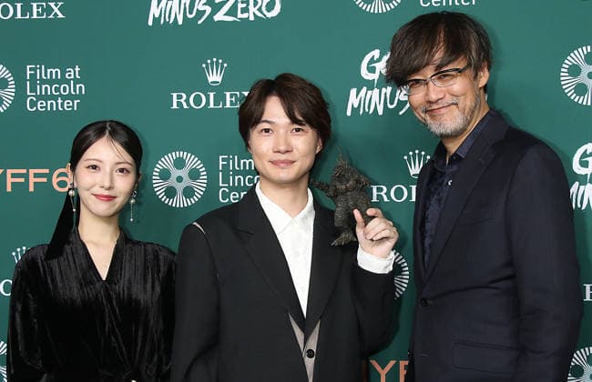 NEW YORK, NY - SEPTEMBER 26: Minami Hamabe, RyÃ»nosuke Kamiki, Takashi Yamazaki at the Godzilla Minus Zero Red Carpet during the 64th New York Film Festival at Alice Tully Hall, Lincoln Center on September 26, 2026 in New York City. Copyright: xRWx