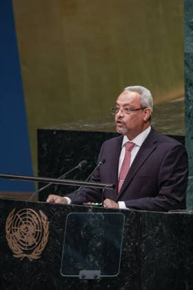 September 26, 2026, New York, New York, United States: ABDOULKADER HOUSSEIN OMAR, Minister of Foreign Affairs and International Cooperation of Djibouti, addresses the General Debate of the 81st UN General Assembly, with Djibouti highlighting peace and security in the Horn of Africa, the conflict in Sudan, Palestine and the need for stronger regional and multilateral cooperation. New York United States - ZUMAo116 20260926_znp_o116_128 Copyright: xBiancaxOterox