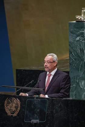 September 26, 2026, New York, New York, United States: ABDOULKADER HOUSSEIN OMAR, Minister of Foreign Affairs and International Cooperation of Djibouti, addresses the General Debate of the 81st UN General Assembly, with Djibouti highlighting peace and security in the Horn of Africa, the conflict in Sudan, Palestine and the need for stronger regional and multilateral cooperation. New York United States - ZUMAo116 20260926_znp_o116_127 Copyright: xBiancaxOterox