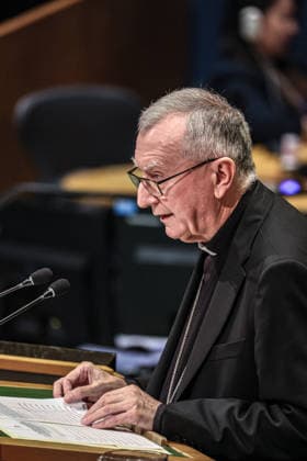 September 26, 2026, New York, New York, United States: His Eminence Cardinal PIETRO PAROLIN, Secretary of State of the Holy See, addresses the General Debate of the 81st UN General Assembly. Parolin focused on ongoing conflicts, including Gaza and Ukraine, and called for dialogue, respect for international law, protection of civilians and stronger multilateral cooperation in confronting global crises. New York United States - ZUMAo116 20260926_znp_o116_030 Copyright: xBiancaxOterox