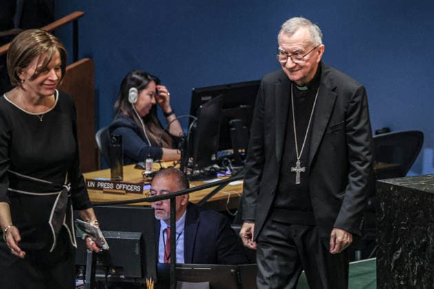 September 26, 2026, New York, New York, United States: His Eminence Cardinal PIETRO PAROLIN, Secretary of State of the Holy See, addresses the General Debate of the 81st UN General Assembly. Parolin focused on ongoing conflicts, including Gaza and Ukraine, and called for dialogue, respect for international law, protection of civilians and stronger multilateral cooperation in confronting global crises. New York United States - ZUMAo116 20260926_znp_o116_028 Copyright: xBiancaxOterox