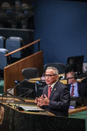 September 26, 2026, New York, New York, United States: Prime Minister of Belize JOHN BRICENO addresses the General Debate of the 81st UN General Assembly, highlighting the priorities of Belize and other Small Island Developing States, including climate vulnerability, development and climate finance, protection of oceans and biodiversity, regional security and the need for a more equitable international financial system. New York United States - ZUMAo116 20260926_znp_o116_018 Copyright: xBiancaxOterox