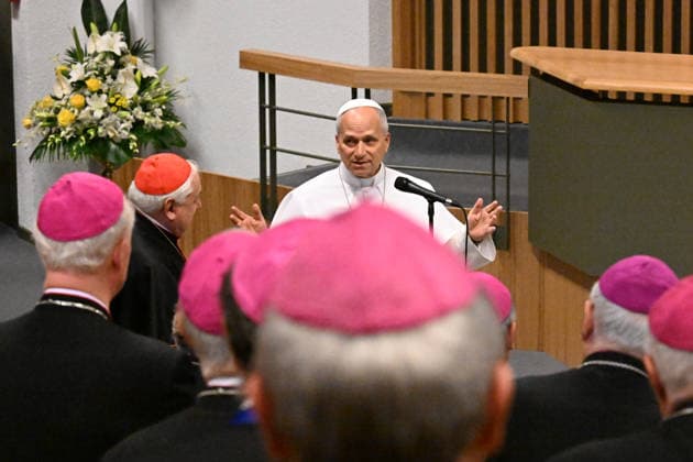POPE LEO XIV MEETS BISHOPS OF FRANCE IN LOURDES France, Lourdes, Vatican, 2026 9 27 Pope Leo XIV meets with the Bishops of the French Bishops Conference at the Sainte-Bernadette hemicycle of the Sanctuary of Our Lady of Lourdes. EDITORIAL USE ONLY - NO BOOKS Copyright: xALESSIAxGIULIANI xCatholicxPressxPhotox