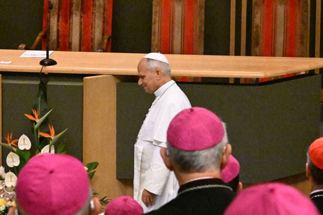 POPE LEO XIV MEETS BISHOPS OF FRANCE IN LOURDES France, Lourdes, Vatican, 2026 9 27 Pope Leo XIV meets with the Bishops of the French Bishops Conference at the Sainte-Bernadette hemicycle of the Sanctuary of Our Lady of Lourdes. EDITORIAL USE ONLY - NO BOOKS Copyright: xALESSIAxGIULIANI xCatholicxPressxPhotox