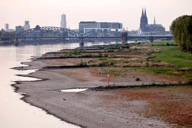 Niedrigwasser bei Köln Poll. Der Rheinpegel in Köln ist wieder auf einen neuen historischen Tiefstwert gefallen: Der Pegel ist am Sonntag bei Niedrigwasser auf 40 Zentimeter gefallen. Damit wurde der bisherige Rekord von 44 Zentimetern unterschritten. (Themenbild, Symbolbild) Köln, 27.09.2026 NRW Deutschland Copyright: xChristophxHardtx