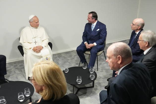 POPE LEO XIV AT INTERRELIGIOUS MEETING IN METZ France, Metz, Vatican, 2026 9 28 Interreligious meeting with Pope Leo XIV at the Robert Schuman Congress Center in Metz. EDITORIAL USE ONLY - NO BOOKS Copyright: xPOOL xCatholicxPressxPhotox