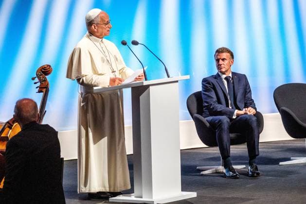 RECORD DATE NOT STATED The Pope in Metz Photo by Arnaud BEINAT Maxppp September 28, 2026, Metz, Moselle, Lorraine, Grand Est, France Address by Pope Leo XIV at the Robert Schuman Convention Center, in the presence of French President Emmanuel Macron and Catholic Cardinal Jean Marc Aveline, President of the French Bishops’ Conference  Copyright: xMAXPPPxArnaudxBeinatx ABE260928-08 ABE260928-08