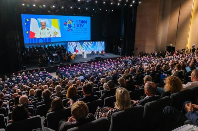RECORD DATE NOT STATED The Pope in Metz Photo by Arnaud BEINAT Maxppp September 28, 2026, Metz, Moselle, Lorraine, Grand Est, France Address by Pope Leo XIV at the Robert Schuman Convention Center, in the presence of French President Emmanuel Macron and Catholic Cardinal Jean Marc Aveline, President of the French Bishops’ Conference  Copyright: xMAXPPPxArnaudxBeinatx ABE260928-09 ABE260928-09