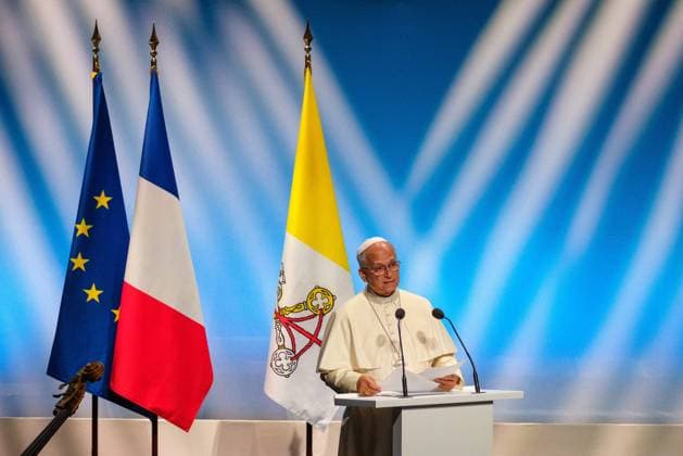 RECORD DATE NOT STATED The Pope in Metz Photo by Arnaud BEINAT Maxppp September 28, 2026, Metz, Moselle, Lorraine, Grand Est, France Address by Pope Leo XIV at the Robert Schuman Convention Center, in the presence of French President Emmanuel Macron and Catholic Cardinal Jean Marc Aveline, President of the French Bishops’ Conference  Copyright: xMAXPPPxArnaudxBeinatx ABE260928-06 ABE260928-06