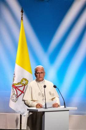 RECORD DATE NOT STATED The Pope in Metz Photo by Arnaud BEINAT Maxppp September 28, 2026, Metz, Moselle, Lorraine, Grand Est, France Address by Pope Leo XIV at the Robert Schuman Convention Center, in the presence of French President Emmanuel Macron and Catholic Cardinal Jean Marc Aveline, President of the French Bishops’ Conference, Metz, France, September 28, 2026 Pope Leo XIV delivers a speech at the Robert Schuman Convention Center in Metz, in the presence of French President Emmanuel Macron and Cardinal Jean Marc Aveline, President of the French Bishops’ Conference, during the Pope’s four-day apostolic visit to France Copyright: xMAXPPPxArnaudxBeinatx ABE260928-05 ABE260928-05