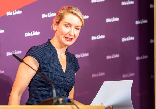 Ines Schwerdtner EUR, Deutschland, Berlin, 28.09.2026: Pressekonferenz von Ines Schwerdtner Vorsitzende der Partei Die Linke im Karl-Liebknecht-Haus zu aktuellen Themen: Anzeige gegen BM Dobrindt,Pflegereform, Enteignung bzw. Vergesellschaftung und der Rücktritt von Jens Spahn.