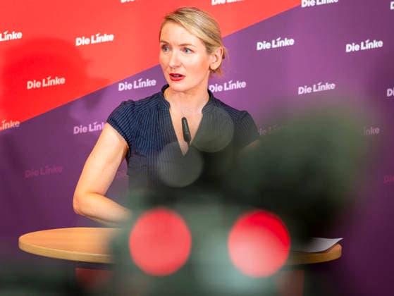 Ines Schwerdtner EUR, Deutschland, Berlin, 28.09.2026: Pressekonferenz von Ines Schwerdtner Vorsitzende der Partei Die Linke im Karl-Liebknecht-Haus zu aktuellen Themen: Anzeige gegen BM Dobrindt,Pflegereform, Enteignung bzw. Vergesellschaftung und der Rücktritt von Jens Spahn.