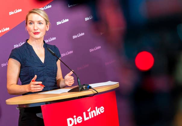 Ines Schwerdtner EUR, Deutschland, Berlin, 28.09.2026: Pressekonferenz von Ines Schwerdtner Vorsitzende der Partei Die Linke im Karl-Liebknecht-Haus zu aktuellen Themen: Anzeige gegen BM Dobrindt,Pflegereform, Enteignung bzw. Vergesellschaftung und der Rücktritt von Jens Spahn.