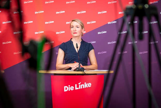 Ines Schwerdtner EUR, Deutschland, Berlin, 28.09.2026: Pressekonferenz von Ines Schwerdtner Vorsitzende der Partei Die Linke im Karl-Liebknecht-Haus zu aktuellen Themen: Anzeige gegen BM Dobrindt,Pflegereform, Enteignung bzw. Vergesellschaftung und der Rücktritt von Jens Spahn.