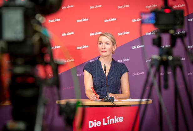 Ines Schwerdtner EUR, Deutschland, Berlin, 28.09.2026: Pressekonferenz von Ines Schwerdtner Vorsitzende der Partei Die Linke im Karl-Liebknecht-Haus zu aktuellen Themen: Anzeige gegen BM Dobrindt,Pflegereform, Enteignung bzw. Vergesellschaftung und der Rücktritt von Jens Spahn.