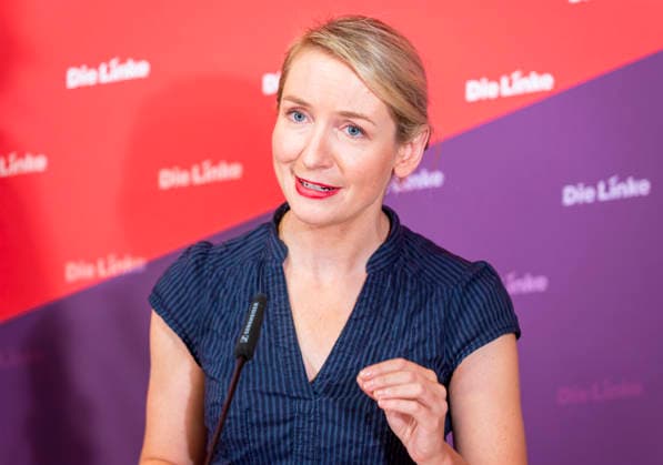 Ines Schwerdtner EUR, Deutschland, Berlin, 28.09.2026: Pressekonferenz von Ines Schwerdtner Vorsitzende der Partei Die Linke im Karl-Liebknecht-Haus zu aktuellen Themen: Anzeige gegen BM Dobrindt,Pflegereform, Enteignung bzw. Vergesellschaftung und der Rücktritt von Jens Spahn.