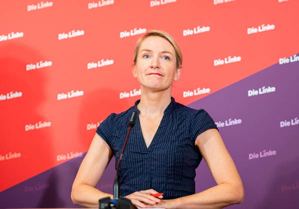 Ines Schwerdtner EUR, Deutschland, Berlin, 28.09.2026: Pressekonferenz von Ines Schwerdtner Vorsitzende der Partei Die Linke im Karl-Liebknecht-Haus zu aktuellen Themen: Anzeige gegen BM Dobrindt,Pflegereform, Enteignung bzw. Vergesellschaftung und der Rücktritt von Jens Spahn.