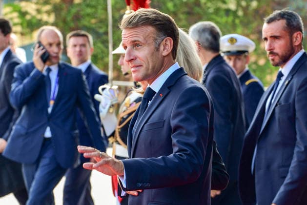 Pope Leo XIV in France - Meeting For Peace And Unity in Metz French President Emmanuel Macron and his wife, First Lady Brigitte Macron, leave the Robert Schuman Conference Centre in Metz, France on September 28, 2026, the final day of the Pope s visit to France. Photo by Romain Doucelin Pool ABACAPRESS.COM Metz France  Copyright: xDoucelinxRomain ABACAx