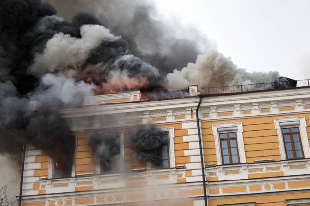 The National Academy of Sciences building is engulfed in flames after being hit by a Russian drone, Kyiv, Ukraine, September 28, 2026. One person was killed and three others injured in the attack. (Photo by Kyrylo Chubotin Ukrinform) Russian drone strikes Ukrainian National Academy of Sciences building in KyivRussian drone strikes Ukrainian National Academy of Sciences building in Kyiv  Copyright: xKirillxChubotinx