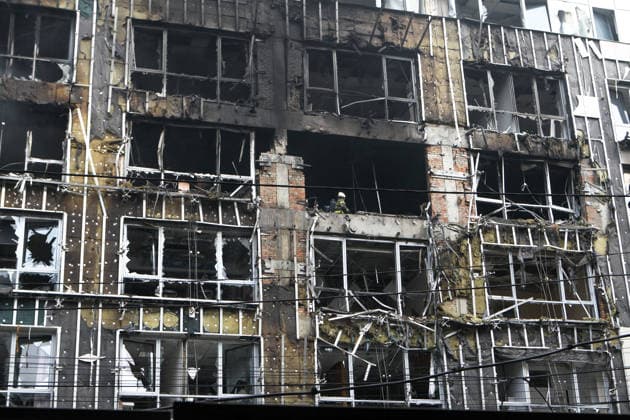 A business centre is damaged by a Russian drone strike, Dnipro, Ukraine, September 28, 2026. At least three people were killed, and another 15 people were injured in the attack. (Photo by Mykola Miakshykov Ukrinform) Russians attack business centre in Dnipro with drone  Copyright: xMykolaxMiakshykovx