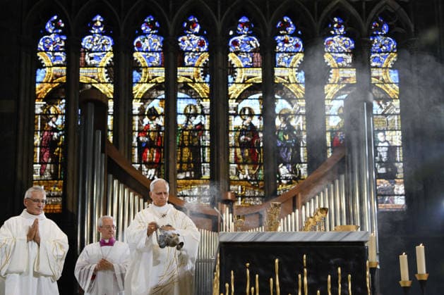 Pope Leo XIV in France - Mass At The Cathedral of Metz Pope Leo XIV celebrates Mass at the Cathedral of St. Stephen (cathédrale Saint-Étienne) in Metz, France on September 28, 2026, last day of his Apostolic Journey to France. Photo by (EV) Simone Risoluti Vatican Media ABACAPRESS.COM Metz France  Copyright: xABACAx