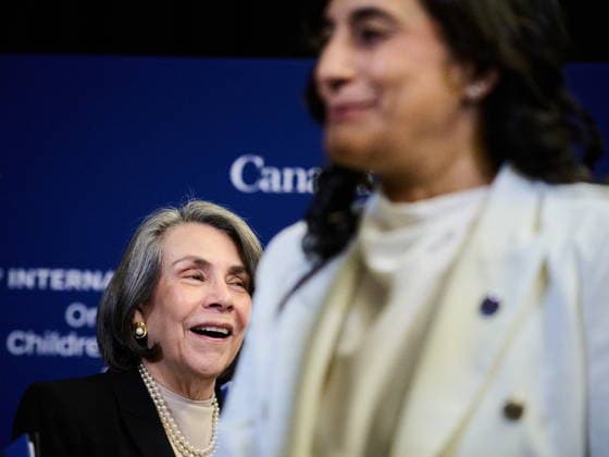 September 28, 2026, Toronto, On, Canada: Honduran Minister of Foreign Affairs Mireya Aguero, left, and Minister of Foreign Affairs Anita Anand speak before a bilateral meeting at the Pathways to Peace conference on the return of Ukrainian children held by Russian officials in Toronto, on Monday, Sept. 28, 2026. Toronto Canada  - ZUMAc35_ 20260928_zaf_c35_073 Copyright: xSammyxKoganx