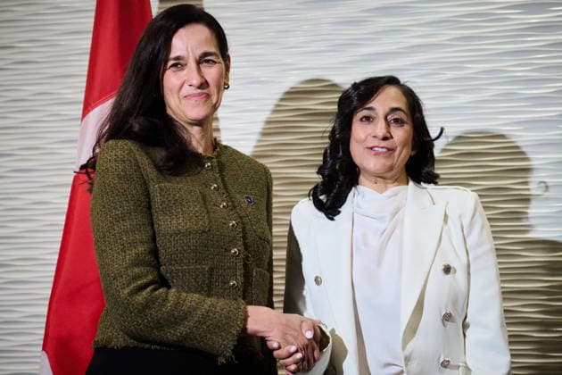 September 28, 2026, Toronto, On, Canada: Hungarian Minister of Foreign Affairs Anita Orban, left, and Minister of Foreign Affairs Anita Anand participate in a bilateral meeting at the Pathways to Peace conference on the return of Ukrainian children held by Russian officials in Toronto, on Monday, Sept. 28, 2026. Toronto Canada  - ZUMAc35_ 20260928_zaf_c35_080 Copyright: xSammyxKoganx