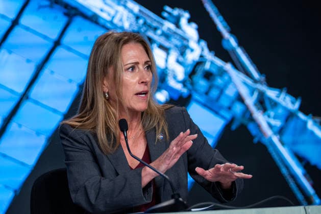 Boeing Commercial Crew Program Manager John Mulholland discusses an update on the Boeing Starliner Spacecraft at a news conference at Kennedy Space Center, Florida on Monday, September 28, 2026. The backdrop is a photo of the International Space Station, where the Starliner was designed to fly to but has had troubles. After a redesign, the next Starliner is expected to be launched in December.  KSC20260928116 PATxBENIC
