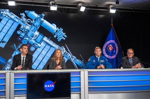NASA Administrator Jared Isaacman (L), NASA s Low Earth Orbit Program Manager Dana Weigel, NASA astronaut Woody Hoburg, and Boeing Commercial Crew Program Manager John Mulholland (R) make comments at a news conference for an update on the Boeing Starliner Spacecraft at Kennedy Space Center, Florida on Monday, September 28, 2026. The backdrop is a photo of the International Space Station, where the Starliner was designed to fly to but has had troubles. After a redesign, the next Starliner is expected to be launched in December.  KSC20260928108 PATxBENIC