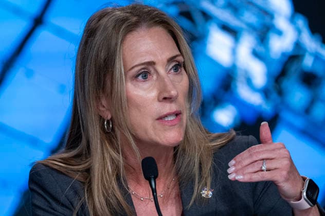 NASA s Low Earth Orbit Program Manager Dana Weigel discusses an update on the Boeing Starliner Spacecraft at a news conference at Kennedy Space Center, Florida on Monday, September 28, 2026. The backdrop is a photo of the International Space Station, where the Starliner was designed to fly to but has had troubles. After a redesign, the next Starliner is expected to be launched in December.  KSC20260928130 PATxBENIC