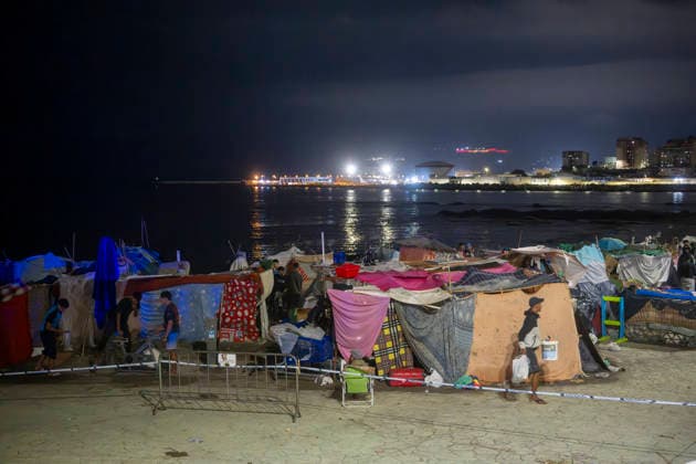 Rain Affects the Beach Settlements at El Trampolín in Ceuta; Migrants Spend the Night on the Beaches of El Trampolín and Benítez, September 28, 2026, in Ceuta, Spain. Around 3,000 migrants remain in makeshift settlements on Ceuta’s beaches following the mass influx recorded in late July. Continuous rains are flooding the ground and damaging the shacks built from reeds, plastic, cardboard, and sheets on El Trampolín Beach. SEPTEMBER 28, 2026, Ceuta, Spain Copyright: xMarcosxMorenox 7806878