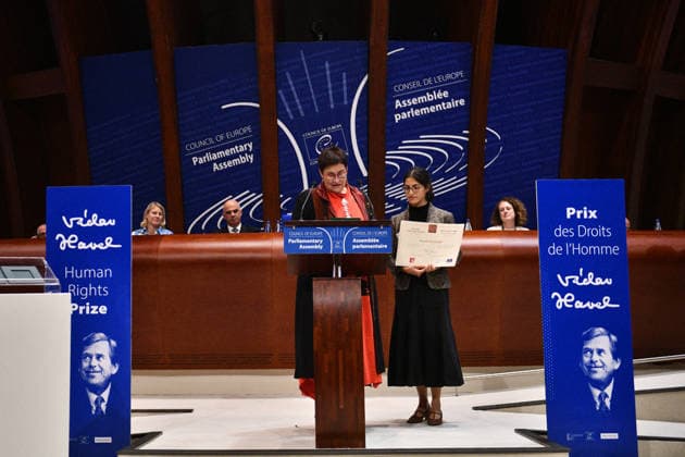 Vaclav Havel Human Rights Prize ceremony held in Strasbourg STRASBOURG, FRANCE - SEPTEMBER 28: Mehraveh Khandan Heris holds the diploma as Parliamentary Assembly of the Council of Europe (PACE) President Petra Bayr presents the 2026 Vaclav Havel Human Rights Prize awarded to her mother, Iranian human rights lawyer Nasrin Sotoudeh, at the Palais de l Europe in Strasbourg, France on September 28, 2026. Ahmet Sel Anadolu Strasbourg France. Editorial use only. Please get in touch for any other usage.  Copyright: x2026xAnadoluxAhmetxSelx