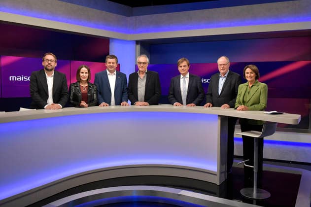 Paul Ronzheim, Sophia Maier, Sven Schulze, Christian Rach, Bernd Baumann, Peer Steinbrücke und Sandra Maischberger in der ARD-Talkshow maischberger im Studio Berlin Adlershof. Berlin, 28.09.2026